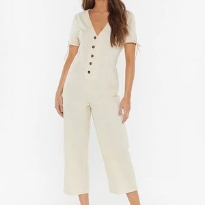 Linen Blend Button Front Culotte Jumpsuit